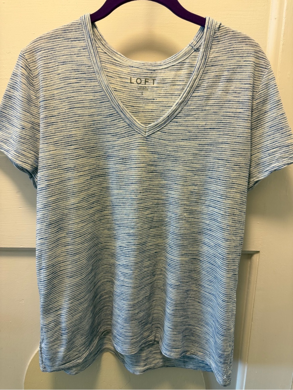 LOFT Light Blue & White Striped V-Neck Tee